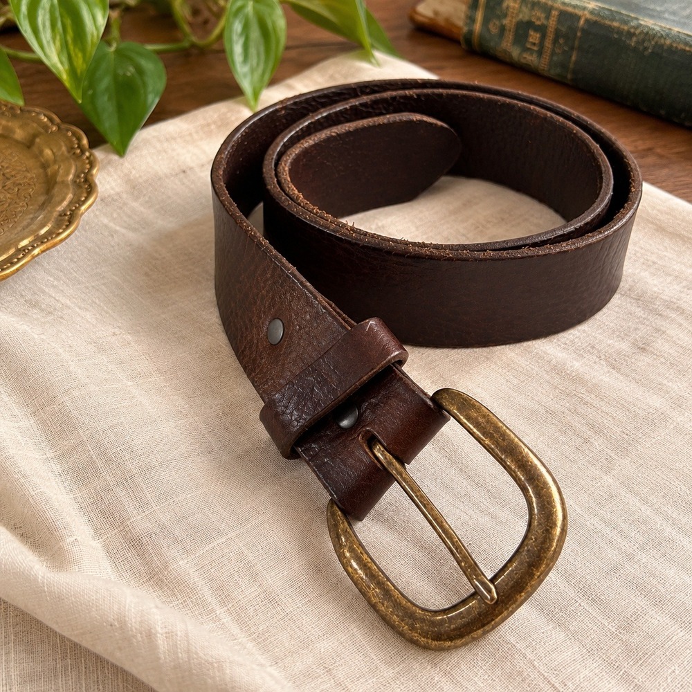 Justin Mens Leather Belt Dark Brown Antique Brass Buckle 34 Western Rodeo Cowboy